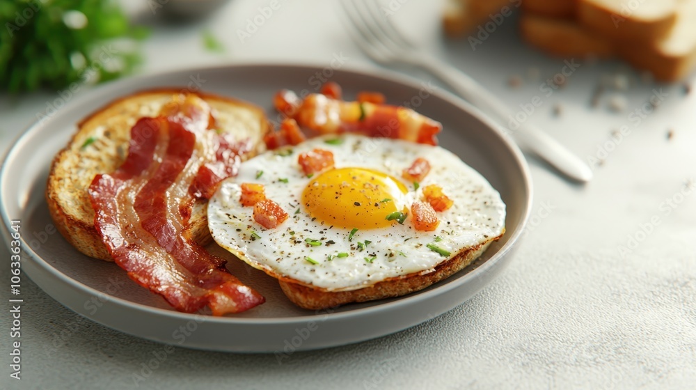 Delicious fried eggs with crispy bacon served with fresh tomatoes and vegetables on a plate, a perfect hearty breakfast Delicious fried eggs with crispy bacon served with fresh tomatoes and vegetables on a plate, a perfect hearty breakfast