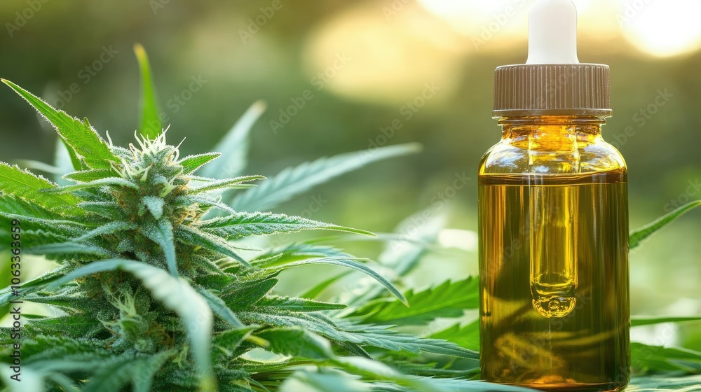 Fototapeta premium Natural Oil Bottle with Cannabis Plant Background