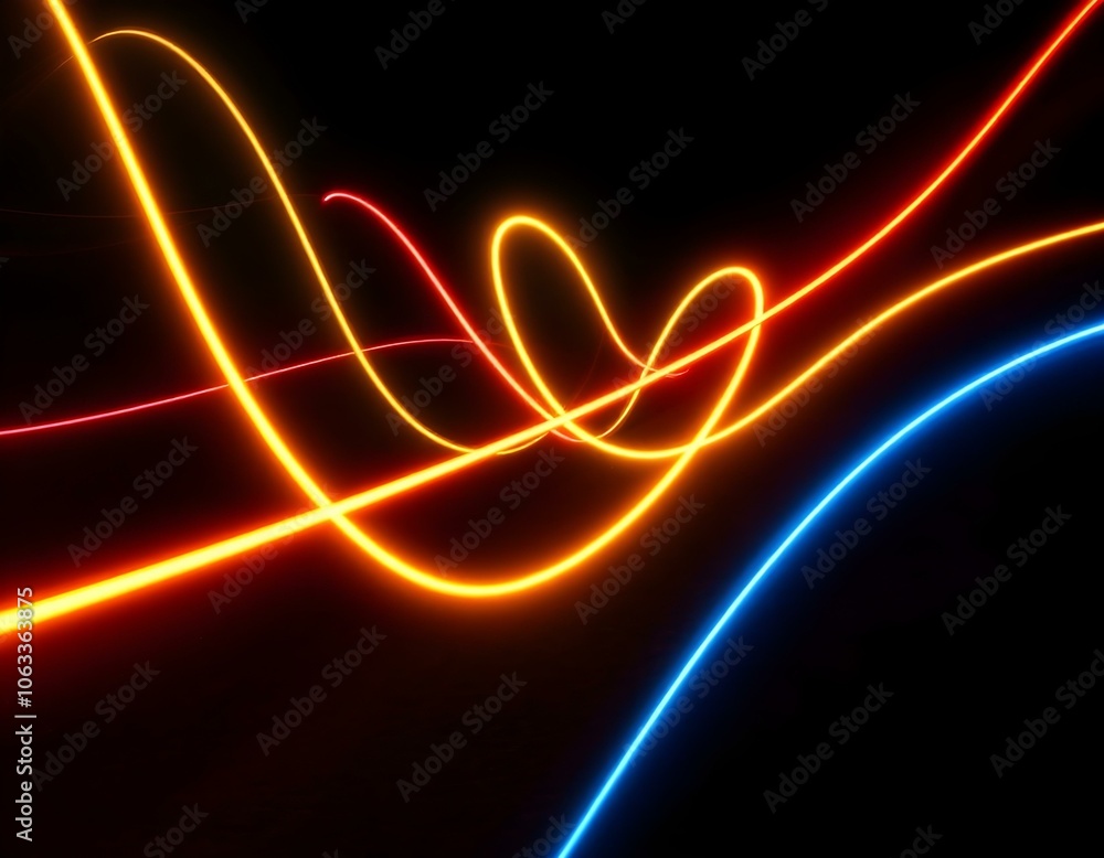 Dynamic Curved Neon Light Trails in Red, Yellow, and Electric Blue – Vibrant Laser Beams on Dark Background for Social Media and Digital Posters