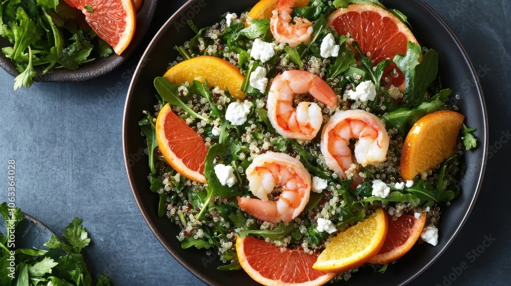 Fresh quinoa salad with shrimp, citrus, and feta for a healthy summer meal Fresh quinoa salad with shrimp, citrus, and feta for a healthy summer meal