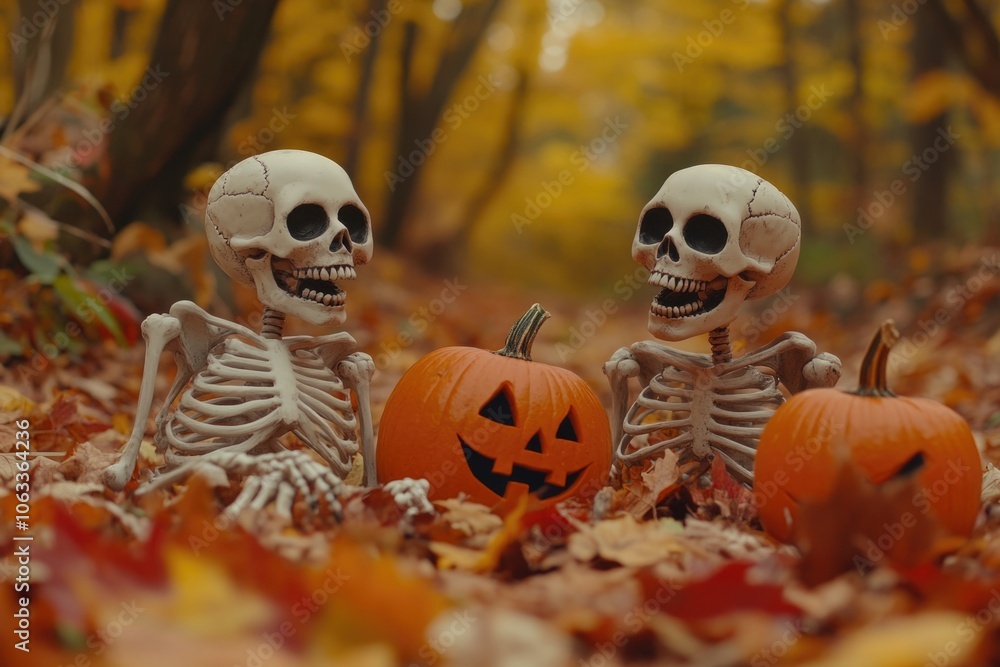 Two skeletons sitting together in a pile of fallen leaves, surrounded by autumn colors Two skeletons sitting together in a pile of fallen leaves, surrounded by autumn colors