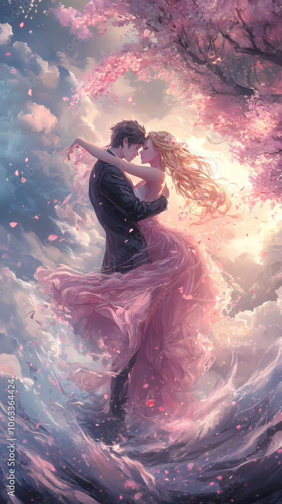 Fototapeta premium Romantic Anime Hug: Kawaii Couple with Cozy Lofi Vibes