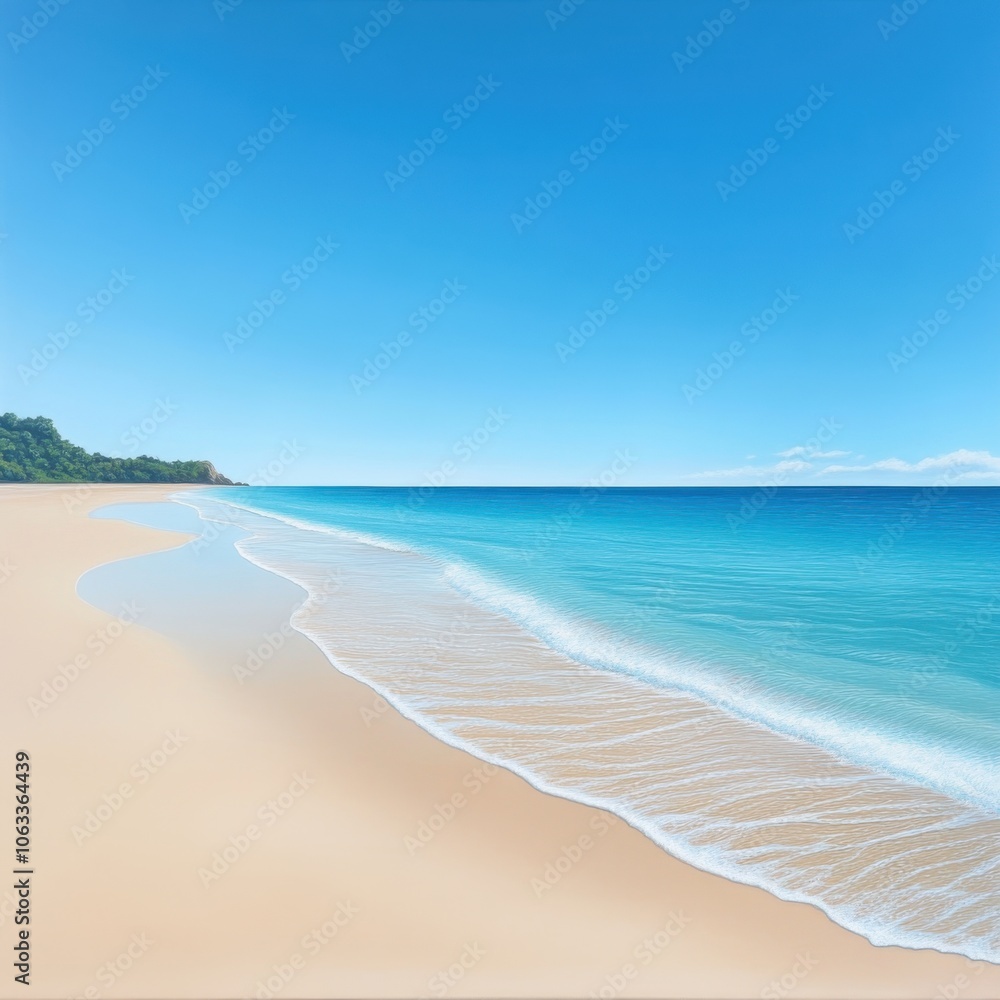 Fototapeta premium A serene beach scene with soft sand, clear water, and a blue sky, perfect for evoking tranquility and relaxation.
