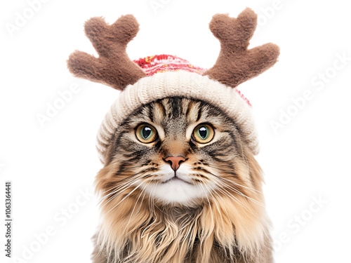 Close-up Maine Coon cat in Christmas reindeer hat costume isolated on transparent background PNG photo