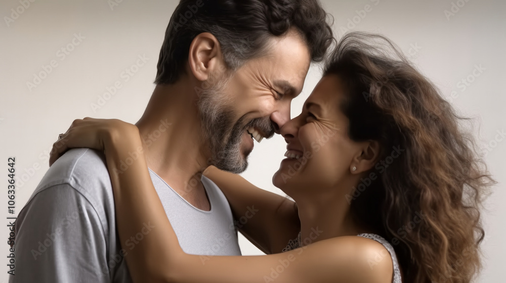 A happy young couple is embracing each other and laughing together. A happy young couple is embracing each other and laughing together.