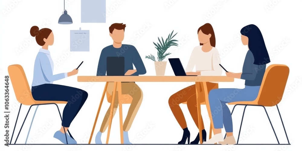 Illustrative scene of four colleagues in a modern office, enthusiastically collaborating around a table with laptops and tablets in a professional setting. Illustrative scene of four colleagues in a modern office, enthusiastically collaborating around a table with laptops and tablets in a professional setting.