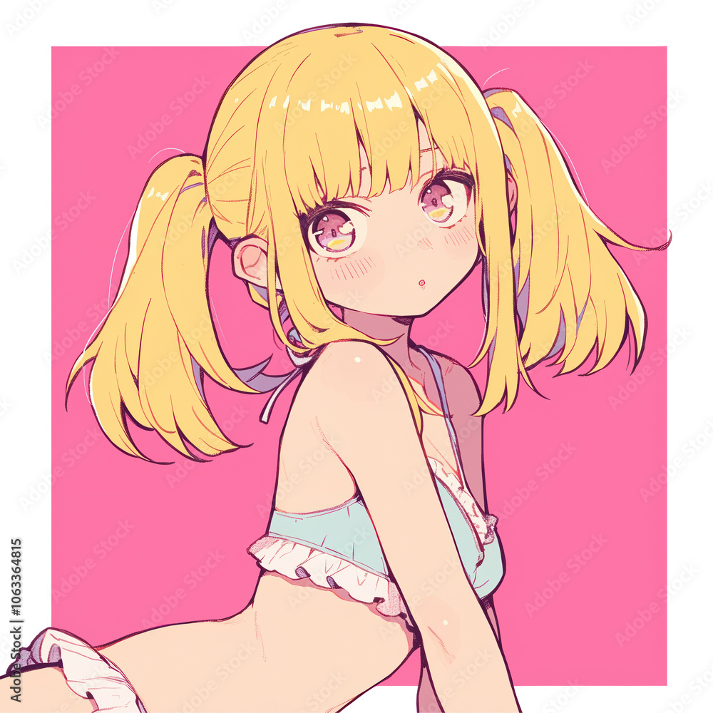 Cute anime girl with playful hairstyle on pink background Cute anime girl with playful hairstyle on pink background
