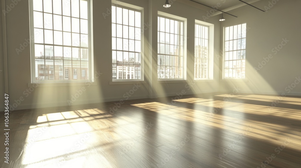 Empty office room with polished floors and three large windows, sunlight spilling across the clean, open space. Empty office room with polished floors and three large windows, sunlight spilling across the clean, open space.