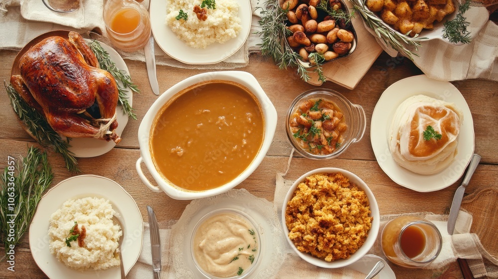 Traditional thanksgiving dinner setting with turkey, gravy, and side dishes on rustic table Traditional thanksgiving dinner setting with turkey, gravy, and side dishes on rustic table
