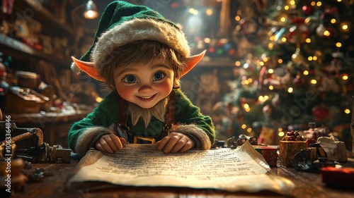 A playful elf tiptoeing around Santa's workshop, sneaking a peek at Santa's list, which is partially unrolled on a table