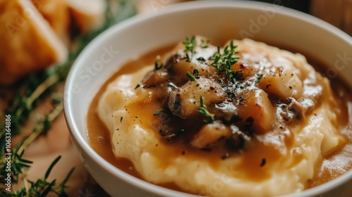 Delicious mashed potatoes with gravy and herbs in a white bowl for comfort food enthusiasts