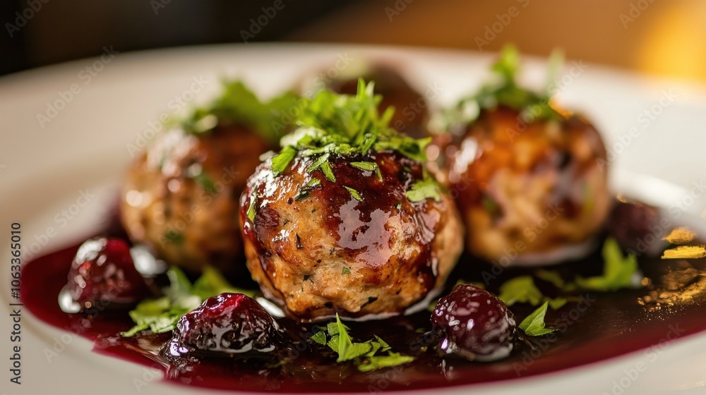 Gourmet meatballs with rich berry sauce garnished with fresh herbs for fine dining experience
