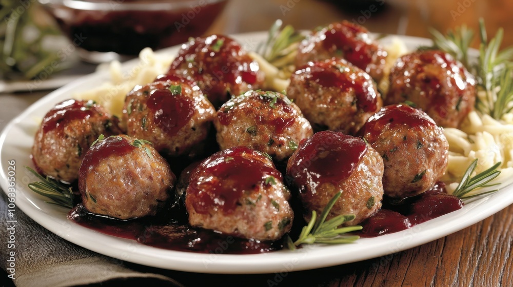 Savory meatballs with tangy sauce and fresh herbs on a white plate Savory meatballs with tangy sauce and fresh herbs on a white plate