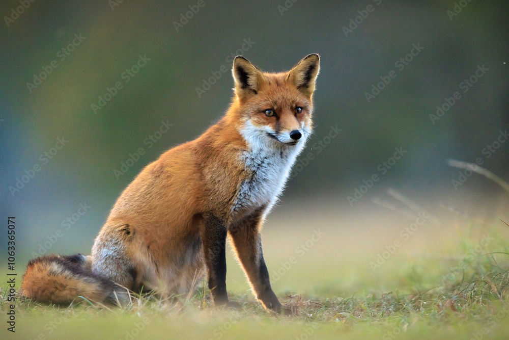 Fototapeta premium Wild red fox, vulpes vulpes, foraging in a meadow