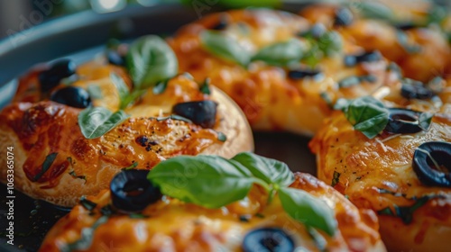 A slice of pizza with green olives and melted cheese in a close-up shot