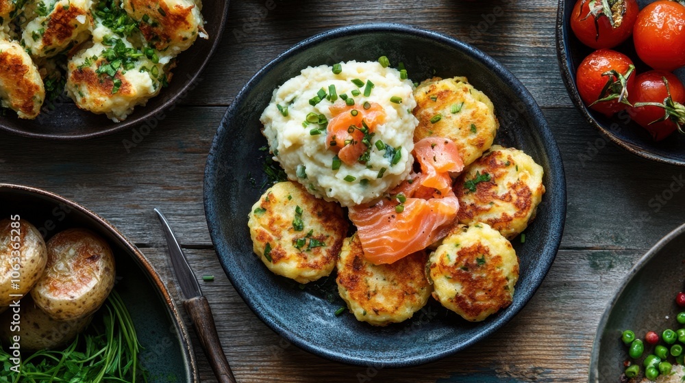 Gourmet fish cakes with mashed potatoes and chives on rustic table Gourmet fish cakes with mashed potatoes and chives on rustic table