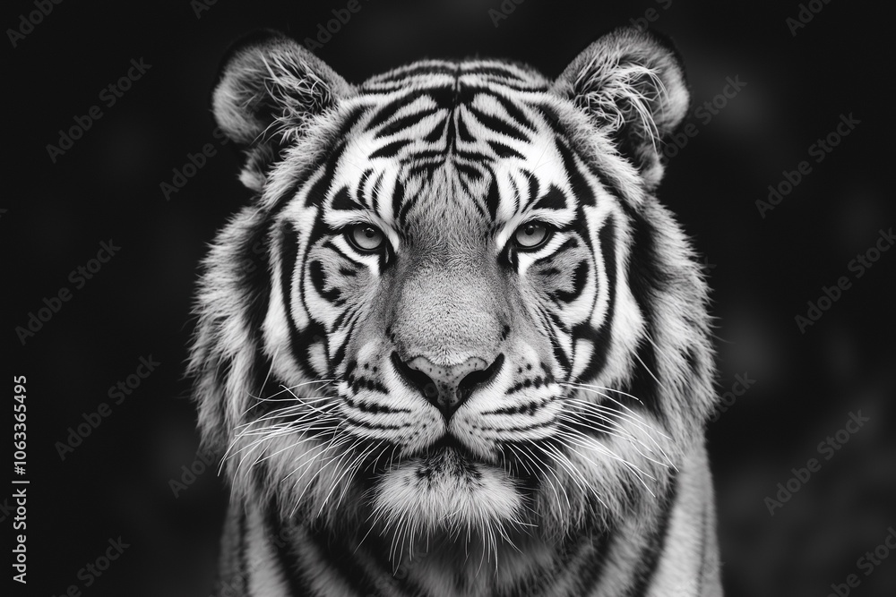 Close-Up Black and White Portrait of a Bengal Tiger Looking Directly at the Camera Close-Up Black and White Portrait of a Bengal Tiger Looking Directly at the Camera