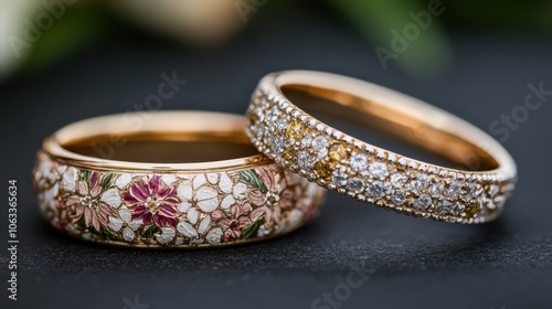 Exquisitely designed enamel and gold rings adorned with intricate floral patterns and sparkling gems on display.