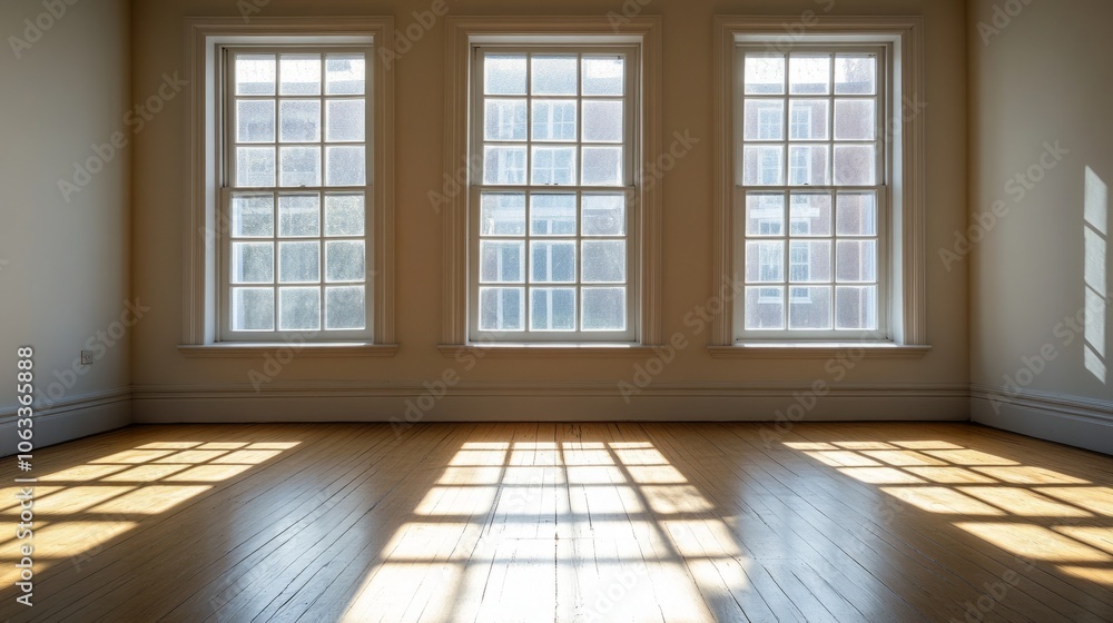 Serene, empty office room with three windows and sunlight filtering through, casting patterns of light and shadow Serene, empty office room with three windows and sunlight filtering through, casting patterns of light and shadow