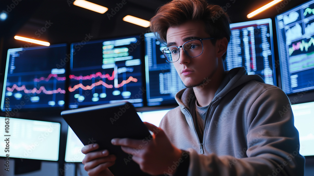 Fototapeta premium Analyst in Command Center with Data Monitors