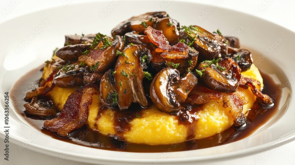 Savory mushroom and bacon dish with polenta perfect for comfort food lovers Savory mushroom and bacon dish with polenta perfect for comfort food lovers