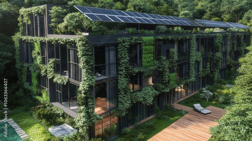 A modern, eco-friendly building with solar panels, A modern, eco-friendly building with solar panels,