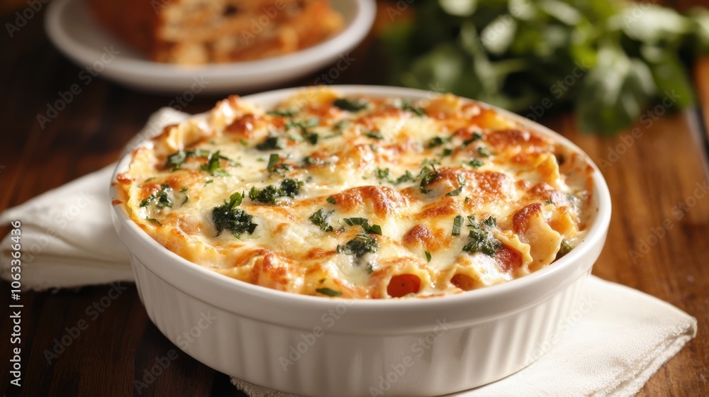 Delicious homemade lasagna with melted cheese and fresh herbs Delicious homemade lasagna with melted cheese and fresh herbs