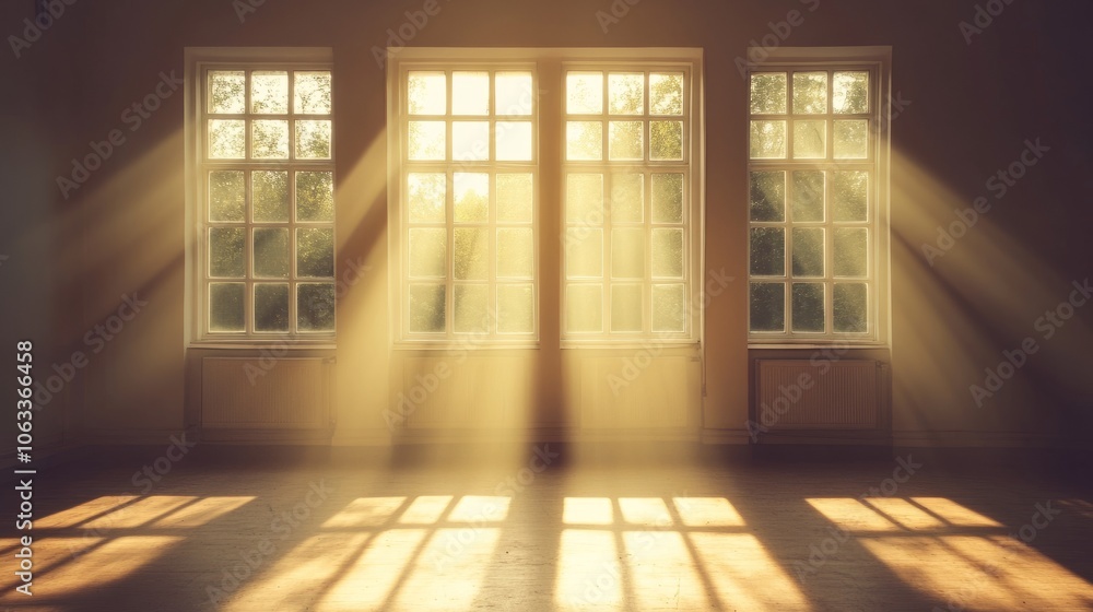 Obraz premium Vacant office with sunlight streaming through three large windows, filling the room with a soft, golden light.