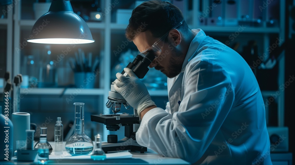 Scientist focusing intently while examining samples through a microscope in a modern lab
Scientist focusing intently while examining samples through a microscope in a modern lab