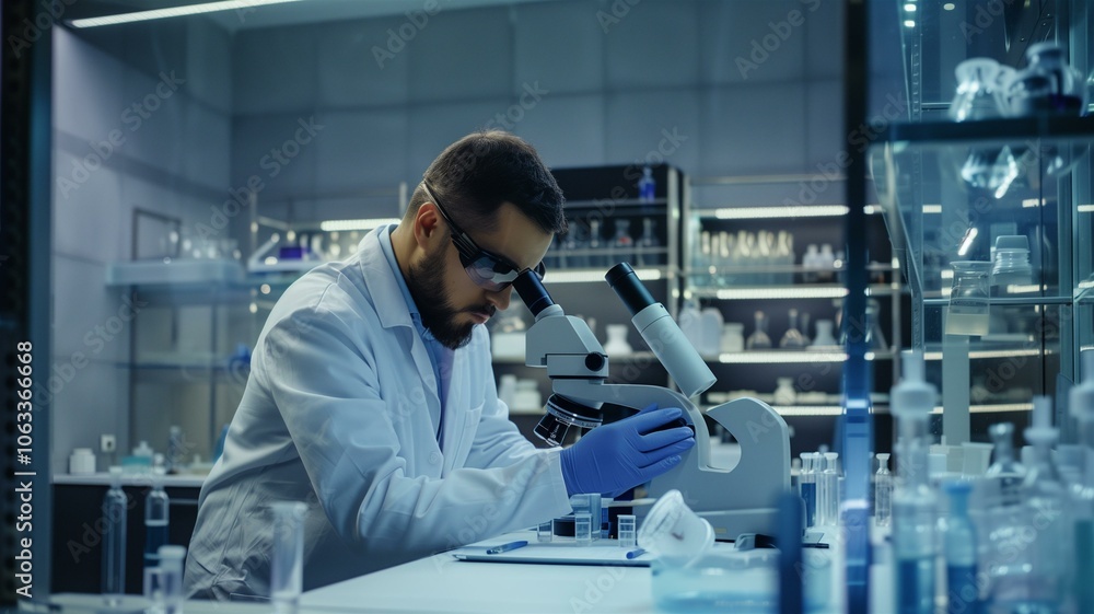 Scientist focusing intently while examining samples through a microscope in a modern lab
Scientist focusing intently while examining samples through a microscope in a modern lab