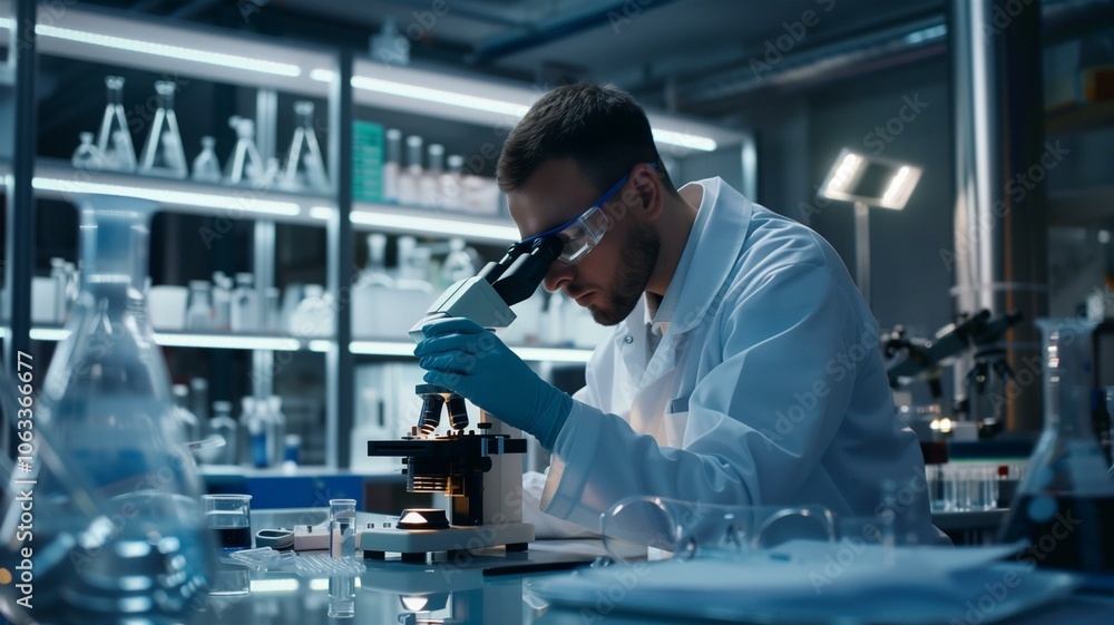 Scientist focusing intently while examining samples through a microscope in a modern lab
Scientist focusing intently while examining samples through a microscope in a modern lab