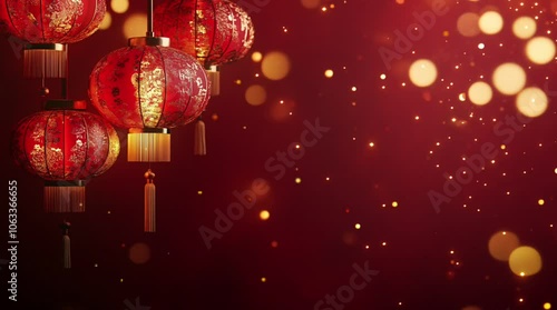 Chinese New Year. A vibrant scene showcasing Chinese New Year celebrations. Red lanterns hang brightly against the night sky