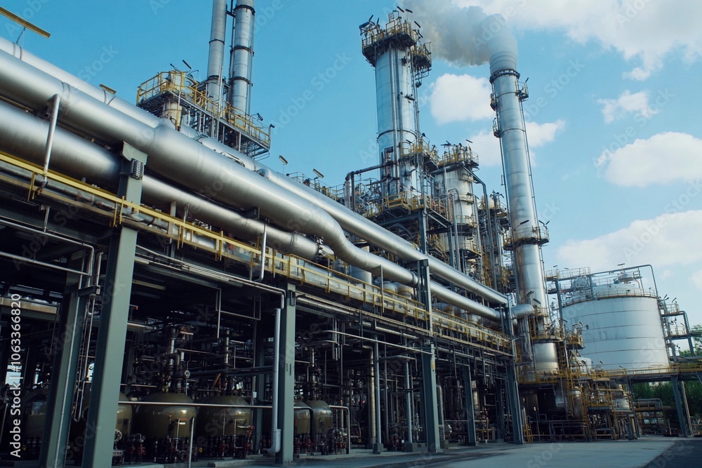 Large chemical manufacturing facility under a blue sky with industrial structures. Generative AI Large chemical manufacturing facility under a blue sky with industrial structures. Generative AI
