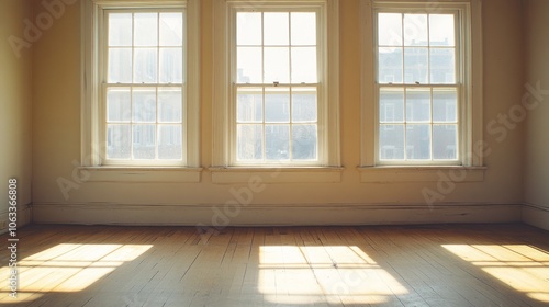 Vacant office with sunlight streaming through three large windows, filling the room with a soft, golden light.