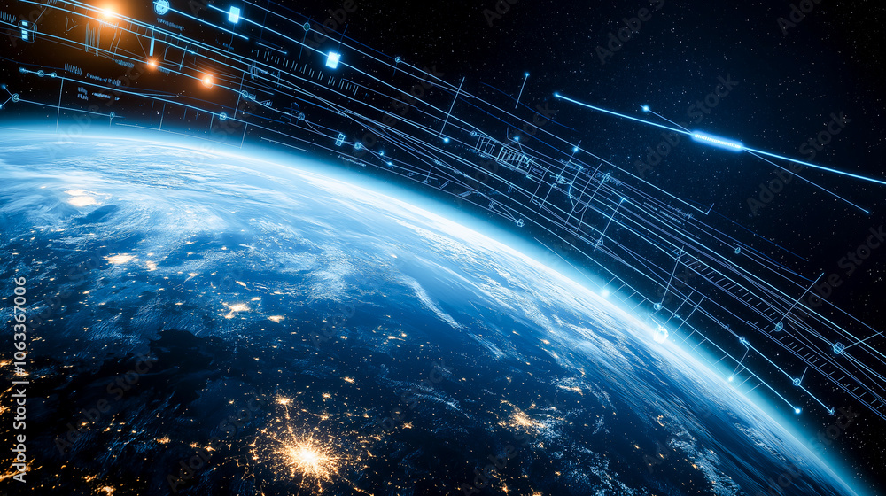 Obraz premium Futuristic Earth with Digital Grid and Space Sunrise