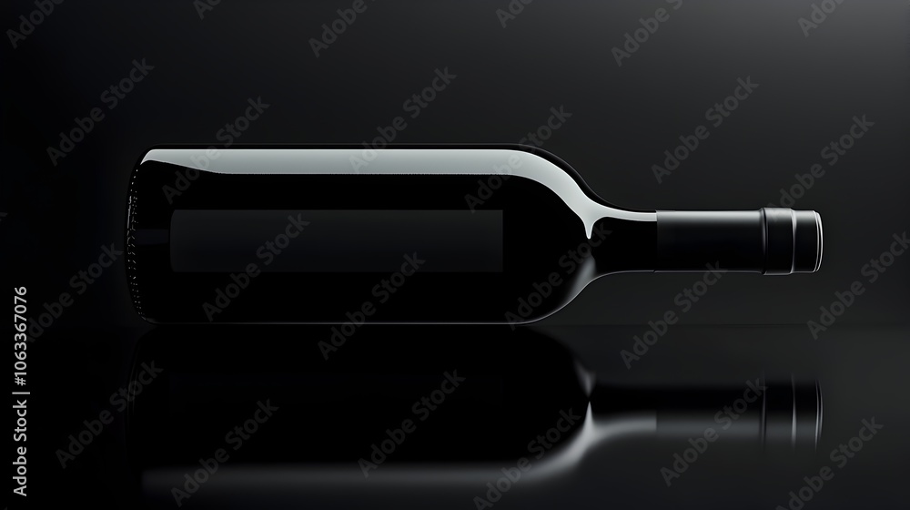 Fototapeta premium Luxurious Black Wine Bottle with Sleek Minimalist Design on Reflective Glass Surface