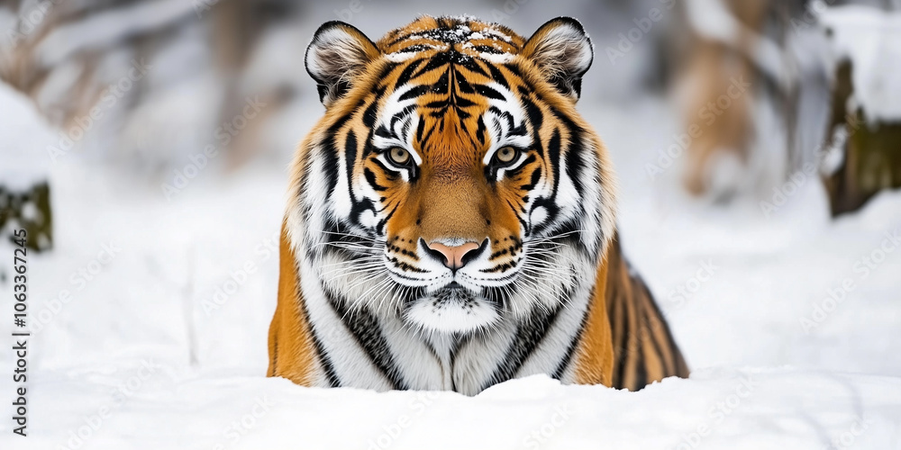 Obraz premium Majestic Bengal Tiger Resting in Snowy Wilderness