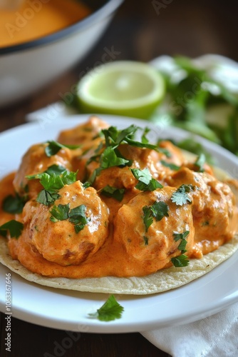 Spicy meatball taco with creamy sauce and fresh cilantro garnish on corn tortilla