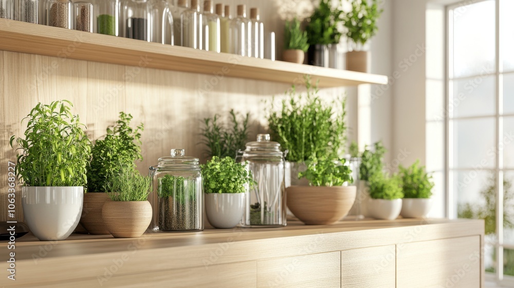 A modern, light wooden counter with an assortment A modern, light wooden counter with an assortment