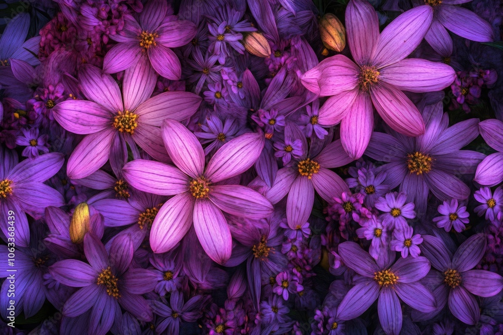 A close-up shot of a bunch of purple flowers with bright yellow centers, great for decoration or design projects