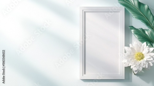 Wallpaper Mural Minimalist photo frame mock-up concept. A minimalist image featuring a blank frame alongside a white flower and green leaves against a soft background Torontodigital.ca
