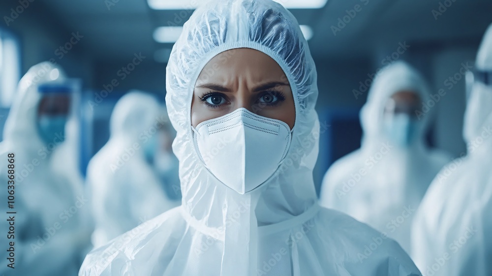 Healthcare team in full protective gear treating a patient, emphasizing safety and teamwork during critical care situations with empty space for text Healthcare team in full protective gear treating a patient, emphasizing safety and teamwork during critical care situations with empty space for text