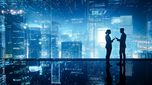 Business Meeting in Futuristic Cityscape