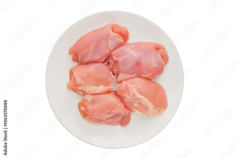 Boneless chicken thighs in plate. Isolated in white background. Raw chicken meat for cooking. Cooking food at home. Top view. Boneless chicken thighs in plate. Isolated in white background. Raw chicken meat for cooking. Cooking food at home. Top view.