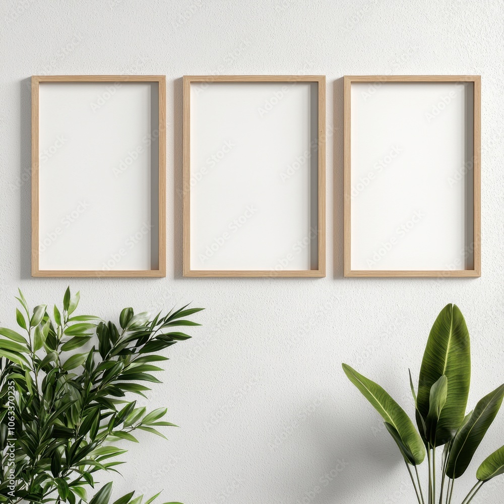 Minimalist multi-photo frame mock-up concept. Three empty wooden frames on a textured wall flanked by lush green plants create a minimalist and inviting aesthetic Minimalist multi-photo frame mock-up concept. Three empty wooden frames on a textured wall flanked by lush green plants create a minimalist and inviting aesthetic