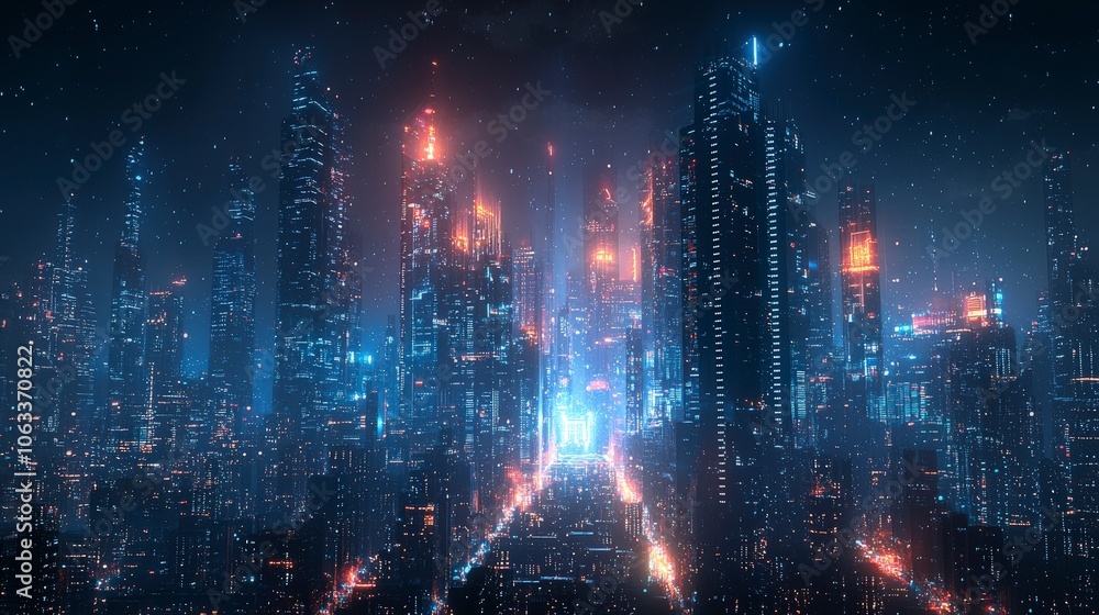 A breathtaking view of a futuristic cityscape under a night sky, featuring glowing neon lights and towering skyscrapers embodying advanced technology and innovation. A breathtaking view of a futuristic cityscape under a night sky, featuring glowing neon lights and towering skyscrapers embodying advanced technology and innovation.