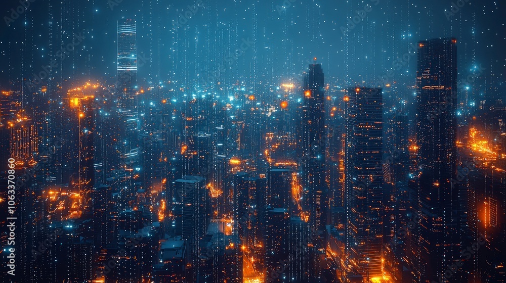 An enchanting digital depiction of an abstract cityscape illuminated by shimmering lights, with a sky filled with glowing stars and geometric patterns. An enchanting digital depiction of an abstract cityscape illuminated by shimmering lights, with a sky filled with glowing stars and geometric patterns.
