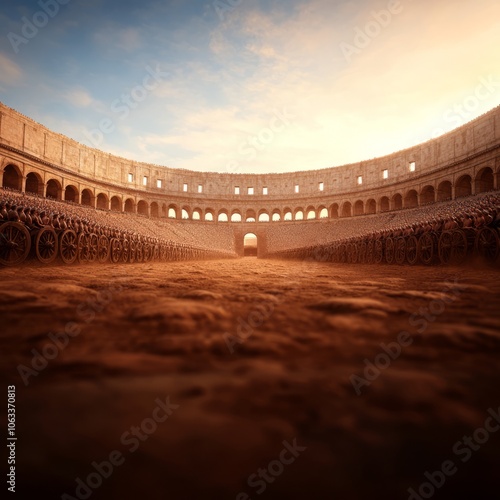 A vast, ancient arena with stone seating and a dusty floor at sunset.