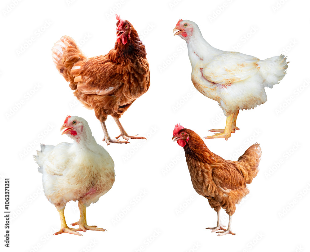 Fototapeta premium Chicken, Full body of brown chicken hen standing isolated transparent background, Laying hens farmers concept. PNG File
