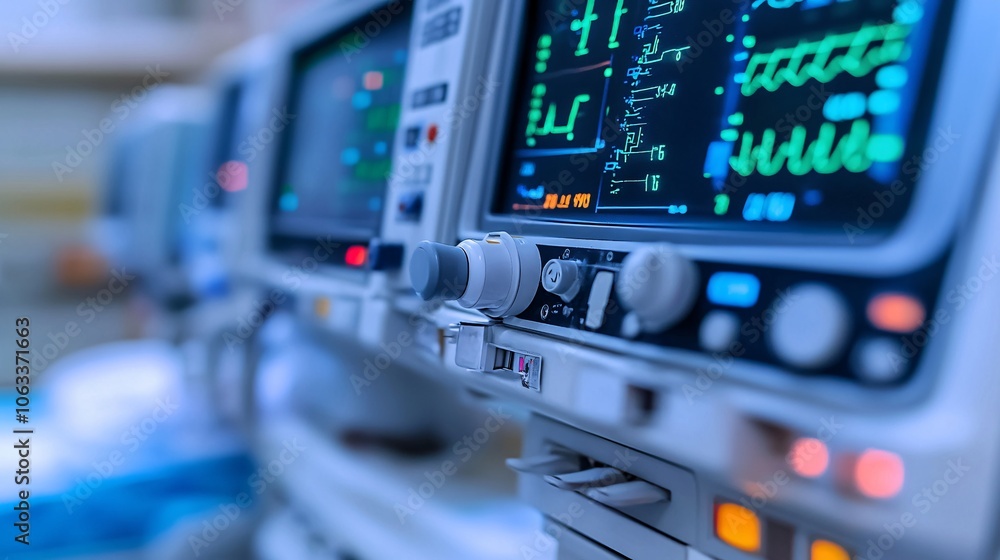 Intensive care nurses monitoring life-support equipment for a patient, carefully checking the machines and ensuring comfort with empty space for text Intensive care nurses monitoring life-support equipment for a patient, carefully checking the machines and ensuring comfort with empty space for text